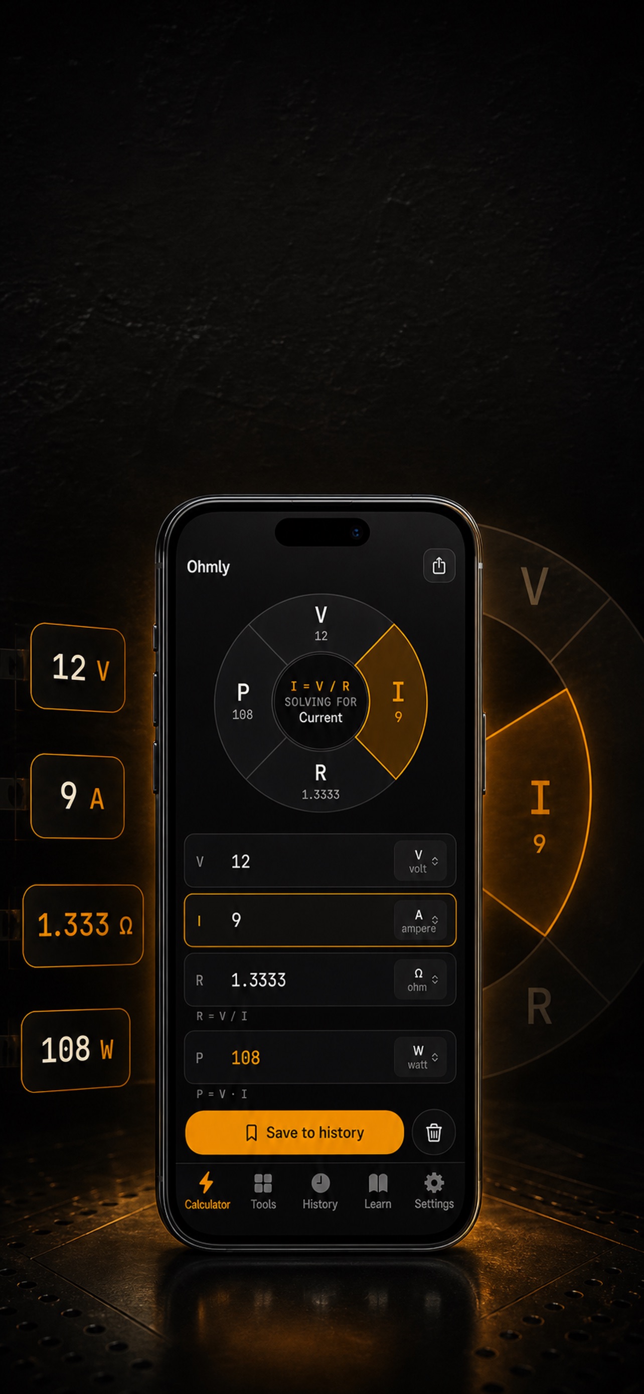 Ohmly on iPhone showing a completed voltage, current, resistance, and power calculation