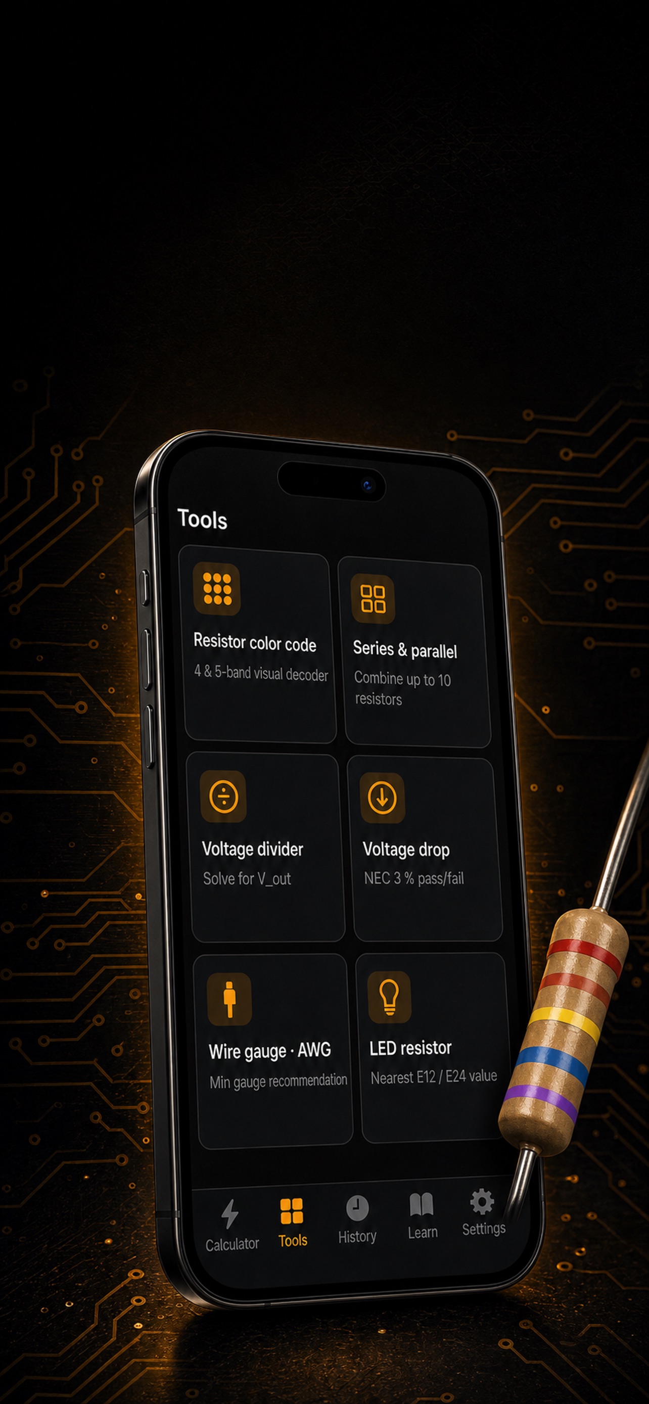 Ohmly Tools screen showing resistor, voltage, and wire calculators